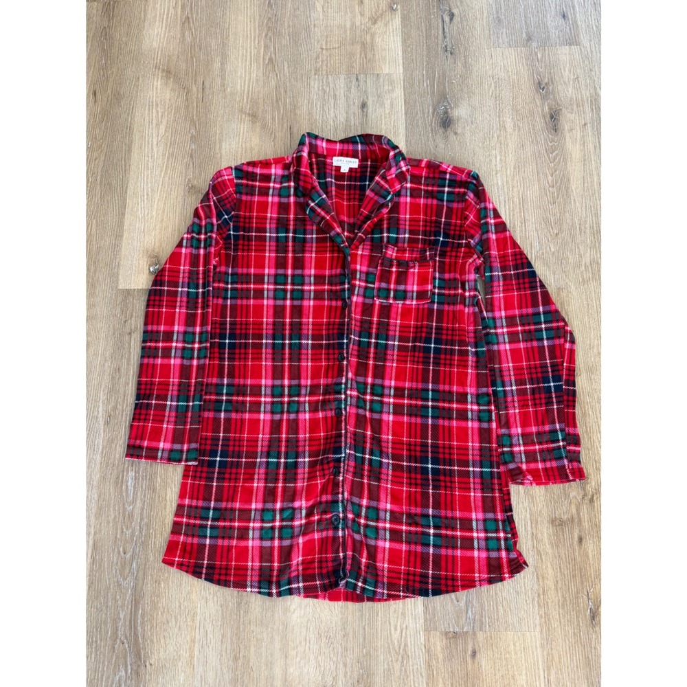 Laura Ashley Preppy Pajama Top Women Small Red Plaid Tartan Button Front Knit